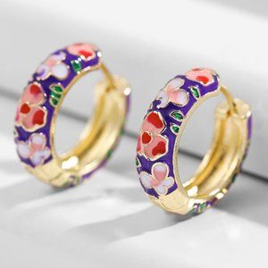 Retro Boho Enamel Flower Huggie Hoop Earrings Purple